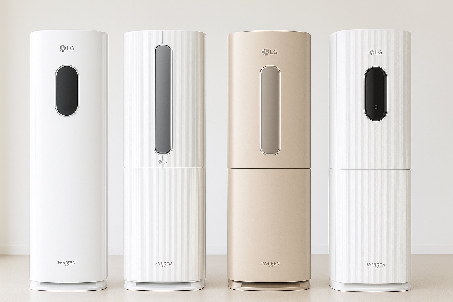 Four different LG Whisen air conditioner tower models for series comparison
