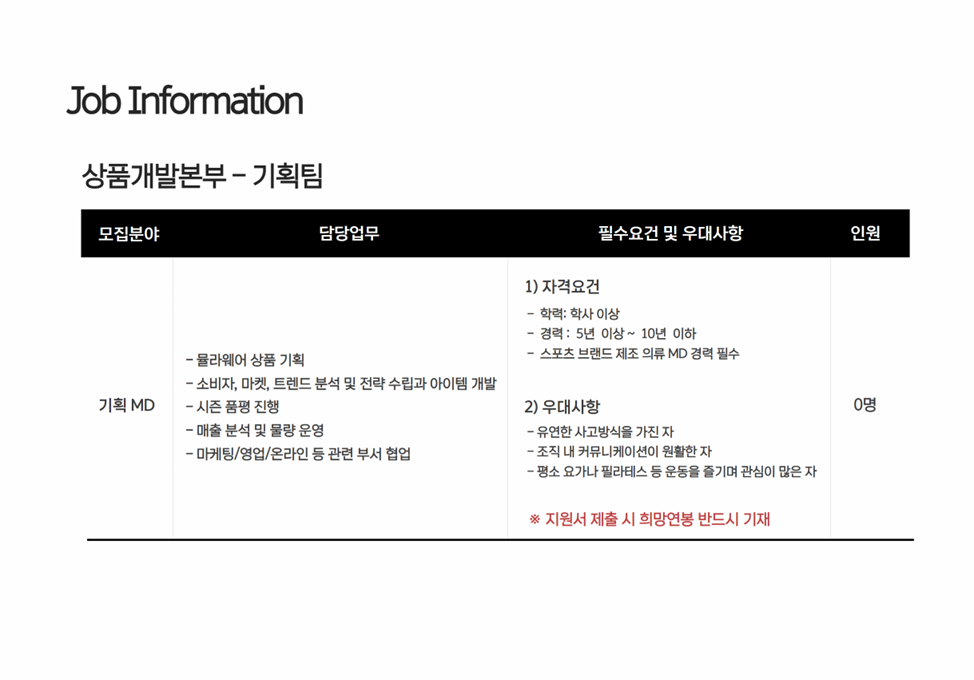 [뮬라웨어] 애슬레저 브랜드 의류기획 MD(경력직) 채용