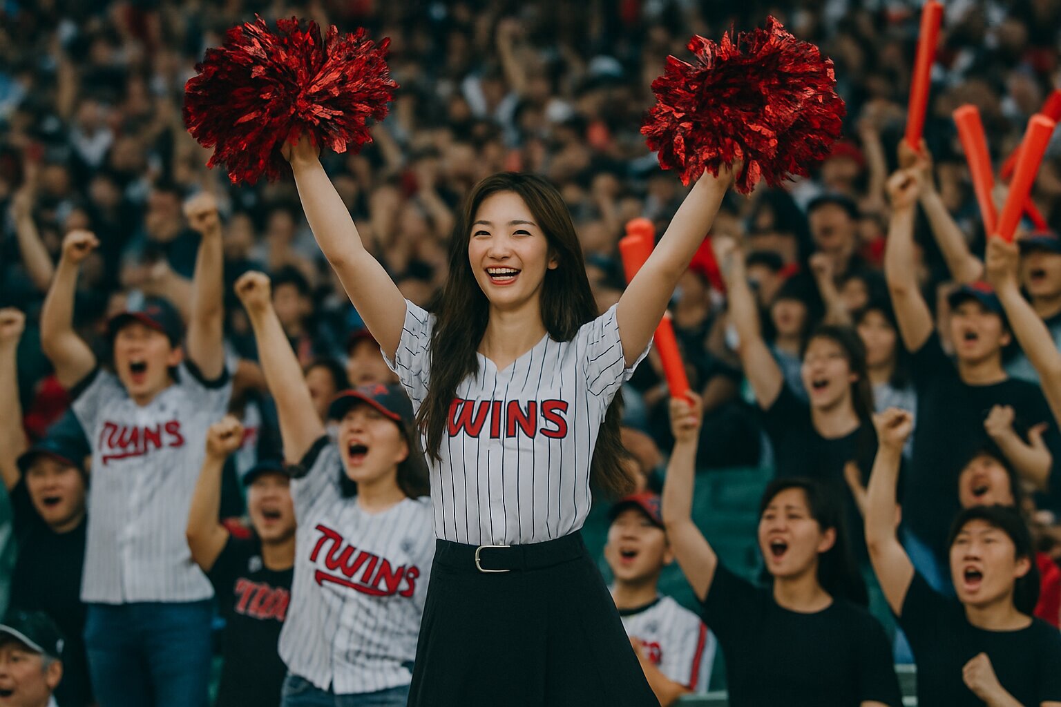 LLG트윈스 치어리더가 팬들과 함께 응원하는 장면